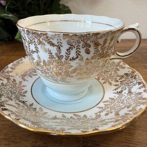 Colclough China Gold Floral Teacup Saucer Set England Vintage Bone China Footed‎